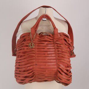 ❄ Vtg Charles Jourdan Brick Colored Leather Laser Cut Out Handbag Satchel Purse
